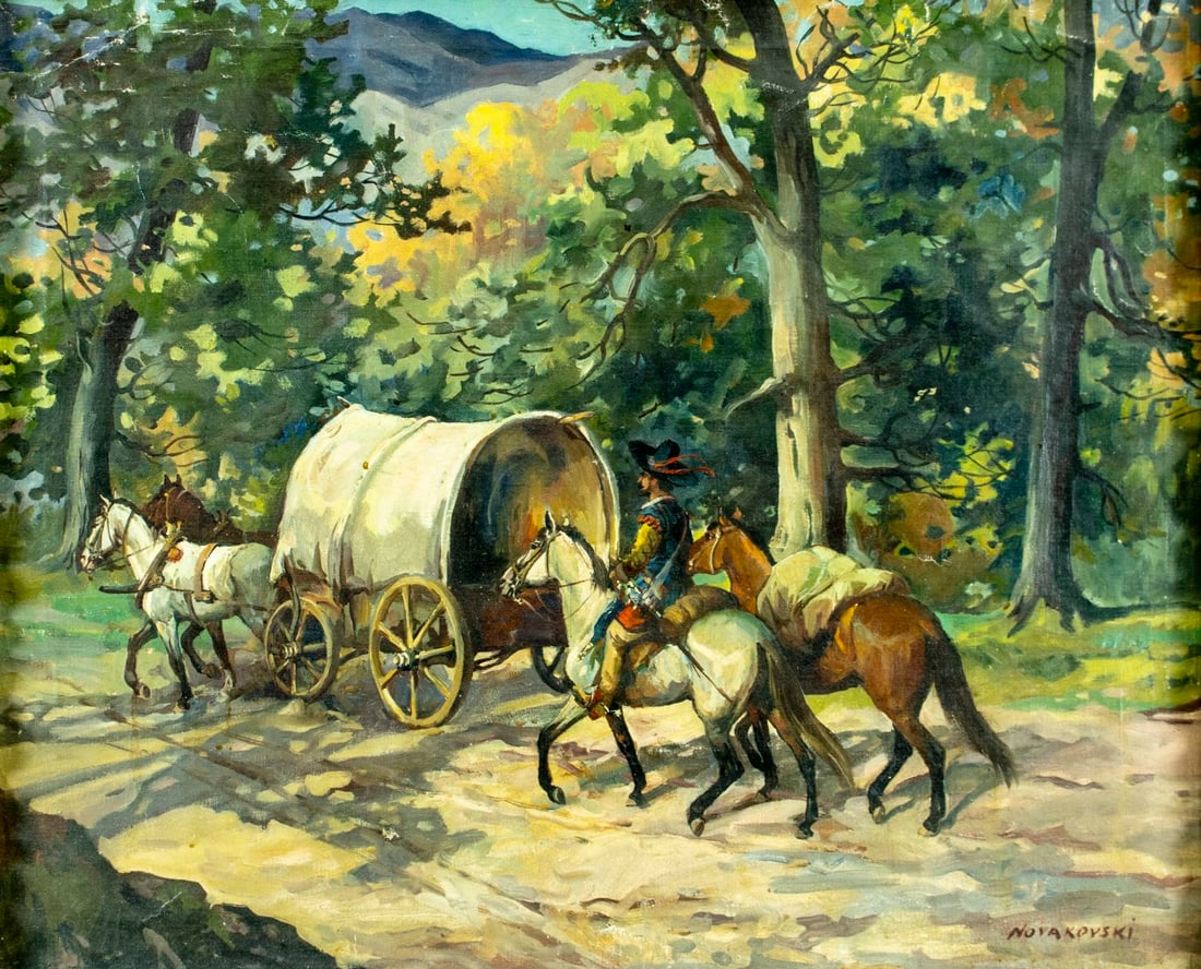 Novakovski (Europe,mid 20C) oil painting: ARTIST: Novakovski (European, mid 20 century) TITLE: Horses Drawn Wagon MEDIUM: oil on canvas CONDITION: One small patch. Some scratches/paint losses mostly by edges. Minor