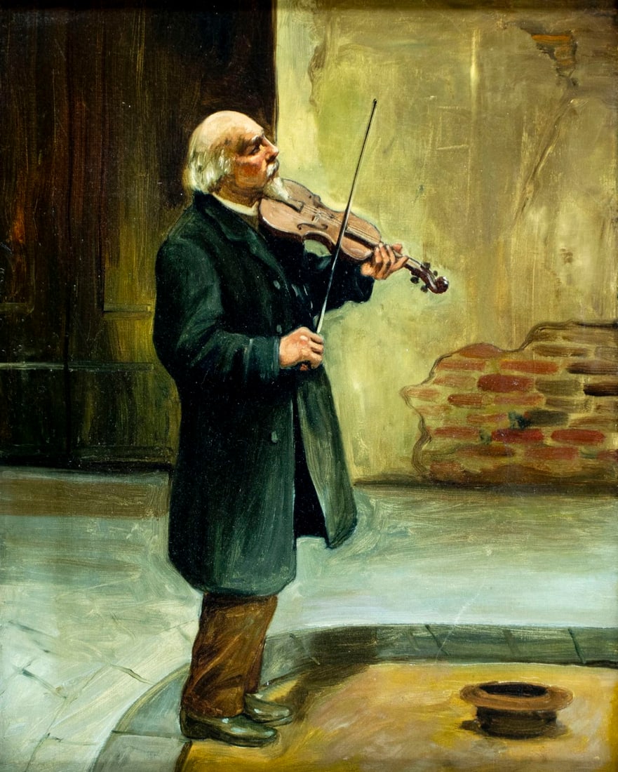Antique early 20C American oil painting: ARTIST: - (American, early 20 century) TITLE: The Fiddler MEDIUM: oil on canvas CONDITION: Missing a few flakes of paint. Some craquelure. Some scattered inpaintings. Some