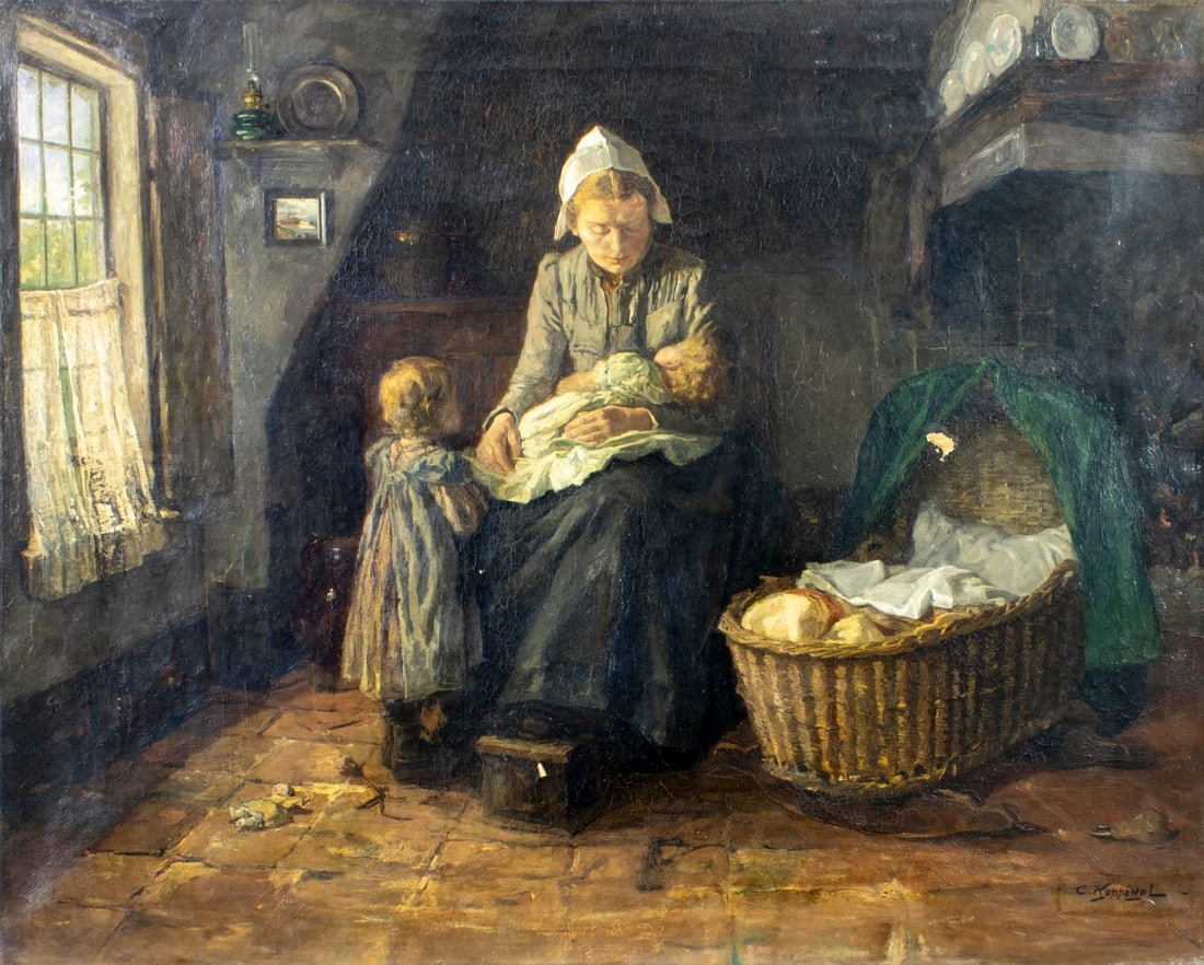 Cornelis Koppenol (Dutch,1865-1946) oil painting antique: ARTIST: Cornelis Koppenol (Netherlands, 1865 - 1946) TITLE: Mother with Children MEDIUM: oil on canvas CONDITION: One patch. Some paint losses (see pictures carefully). Some
