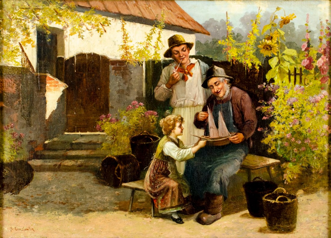 S Constantin (Europe,19C) oil painting antique: ARTIST: S Constantin (European, 19 century) TITLE: New Toy MEDIUM: oil on canvas CONDITION: Relined. Some craquelure. Some scattered small inpaintings. ART SIZE:<