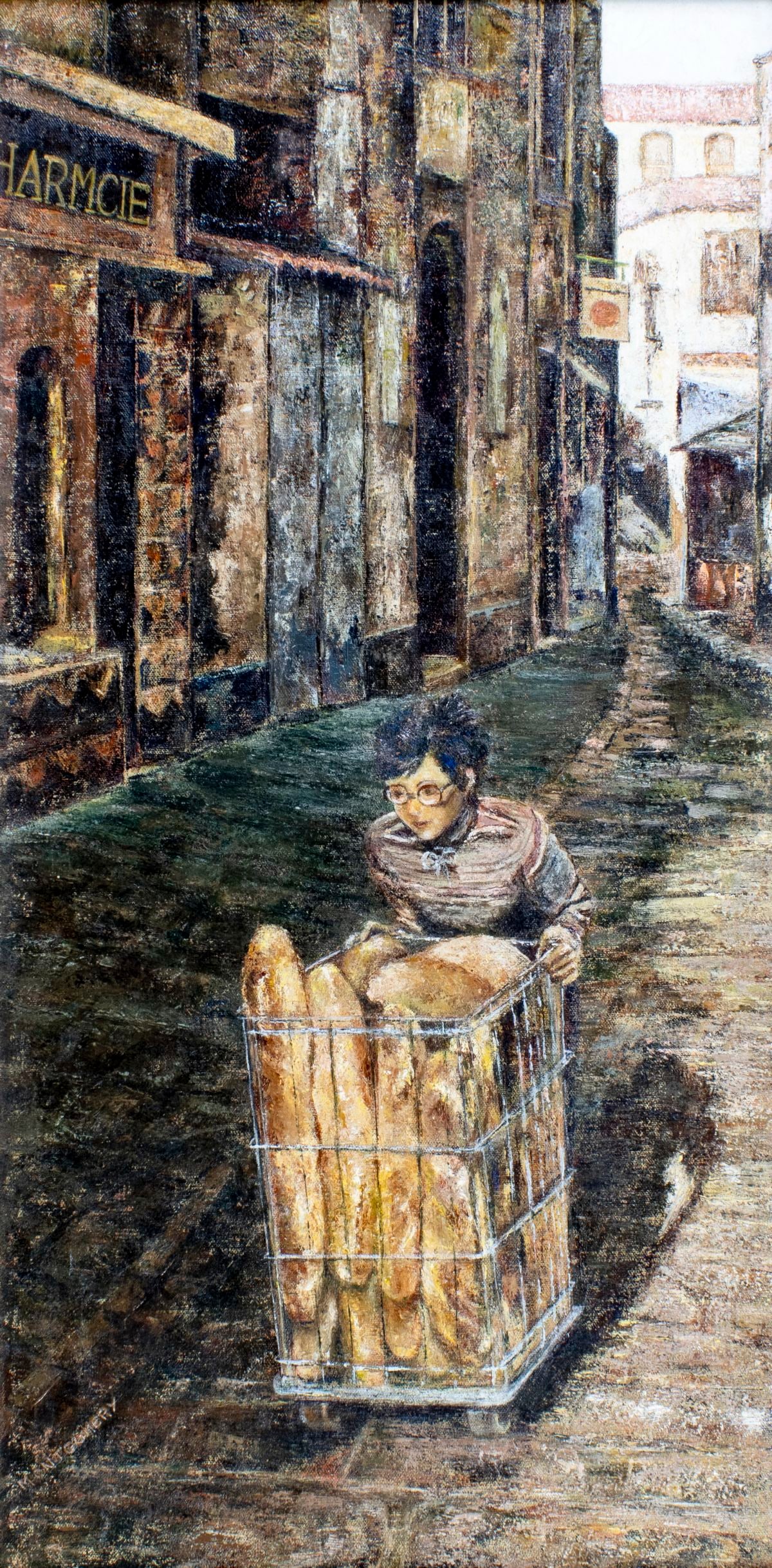 H Montgomery (CA,20C) oil painting: ARTIST: H Montgomery (California, 20 century) TITLE: The Bakers Boy (titled on verso) MEDIUM: oil on canvas CONDITION: Missing a few flakes of paint. Some craquelure. No vis