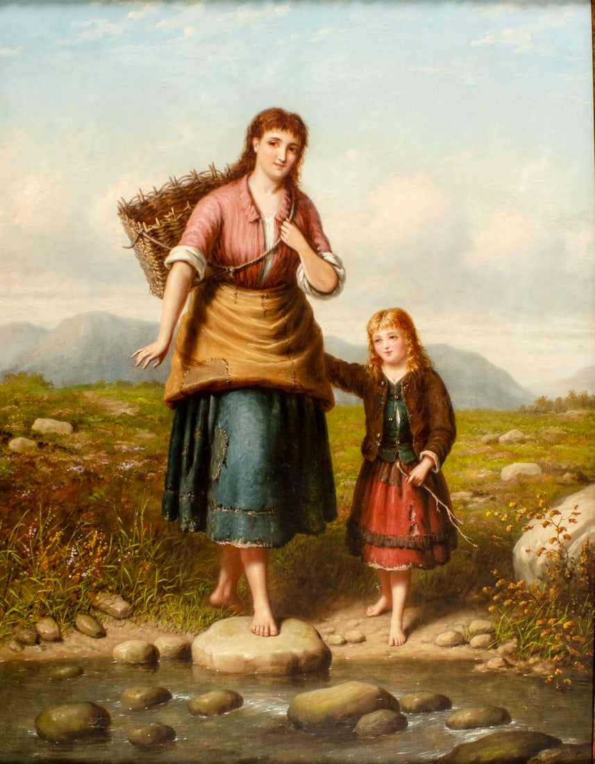 Andries Scheerboom (UK,Dutch,1832-1880) oil painting antique: ARTIST: Andries Scheerboom (United Kingdom, Netherlands, 1832 - 1880) TITLE: Stepping Stones MEDIUM: oil on canvas CONDITION: Relined. Few minor paint losses. Very minor c