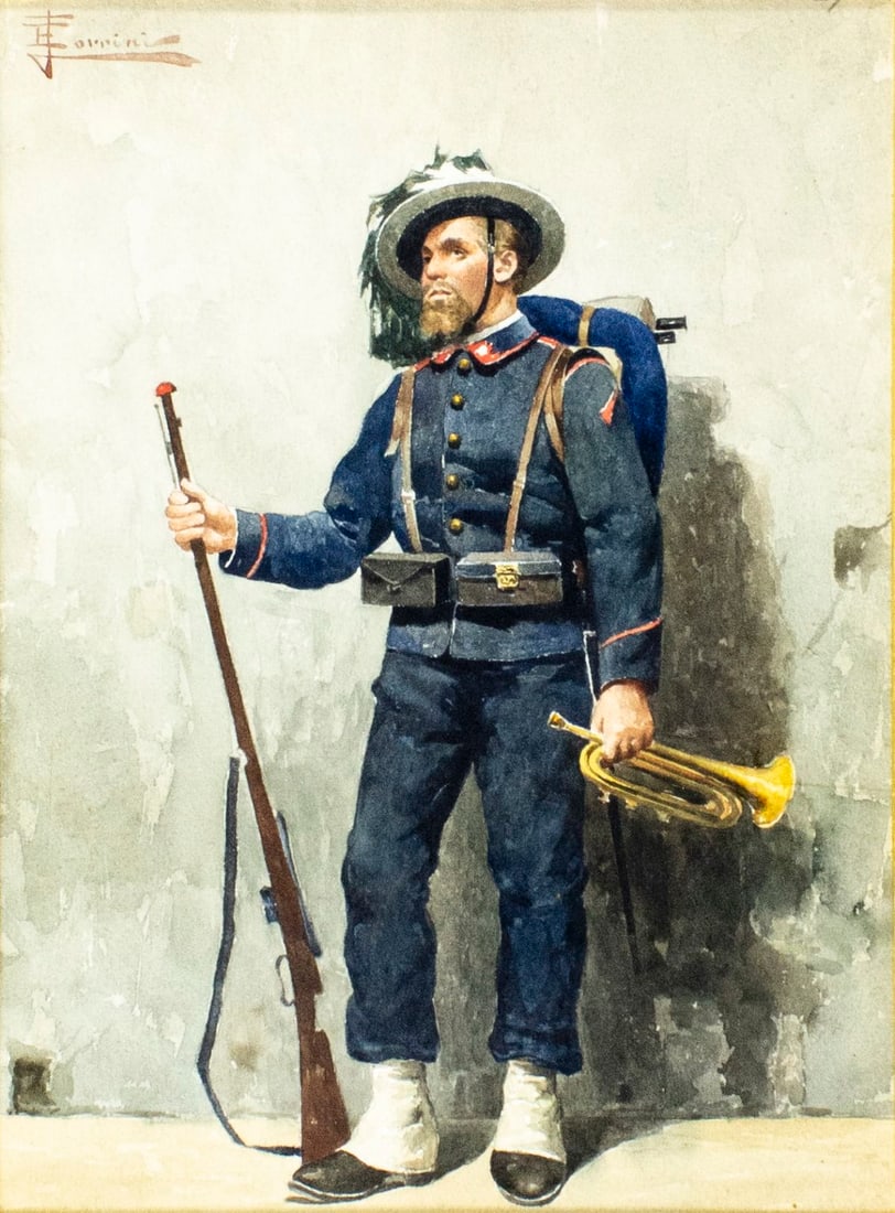 Ernesto Torrini (Italy,19C) watercolor painting antique: ARTIST: Ernesto Torrini (Italian, 19 century) TITLE: Portrait of Soldier MEDIUM: watercolor on paper CONDITION: Some age toning. Framed under glass. Some damages to frame.