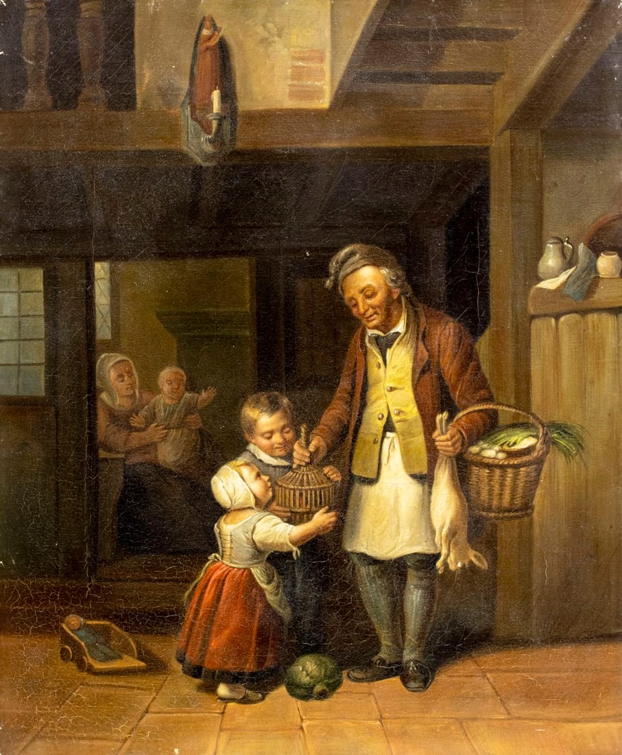 Antique 19C European oil painting: ARTIST: - (Europe, 19 century) TITLE: Interior Scene MEDIUM: oil on canvas CONDITION: Few minor paint losses. Some craquelure. No visible inpaint under UV light. Normal wear