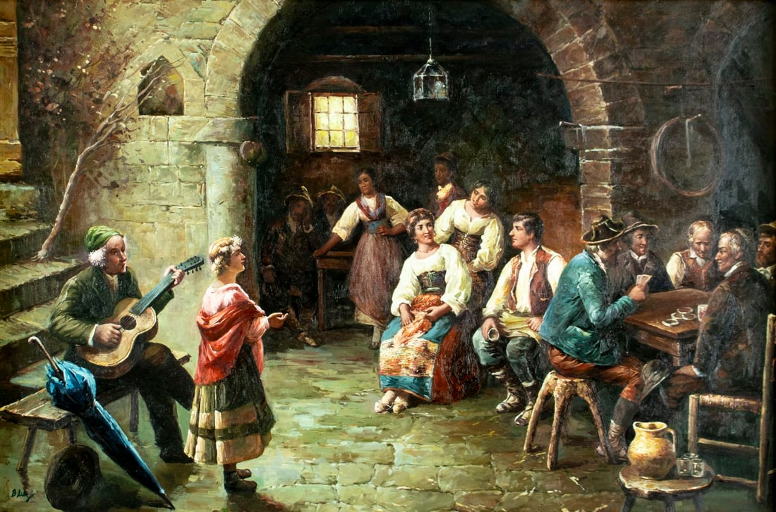 Contemporary decorative oil painting: ARTIST: - (20/21C) TITLE: Italian Tavern Scene MEDIUM: oil on canvas CONDITION: Few very minor paint losses. No visible inpaint under UV light. Minor damages to frame.