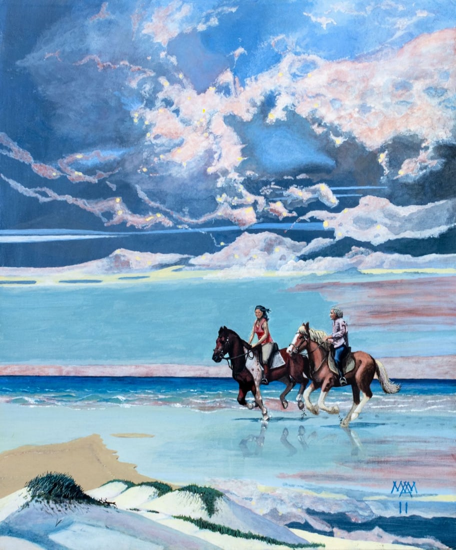 Michael Morley (UK,1937-?) oil painting: ARTIST: Michael Morley (British, 1937 - ???) TITLE: Man and Woman on Horseback at Sunrise on Beach MEDIUM: oil on canvas board CONDITION: Very good. No visible inpaint und