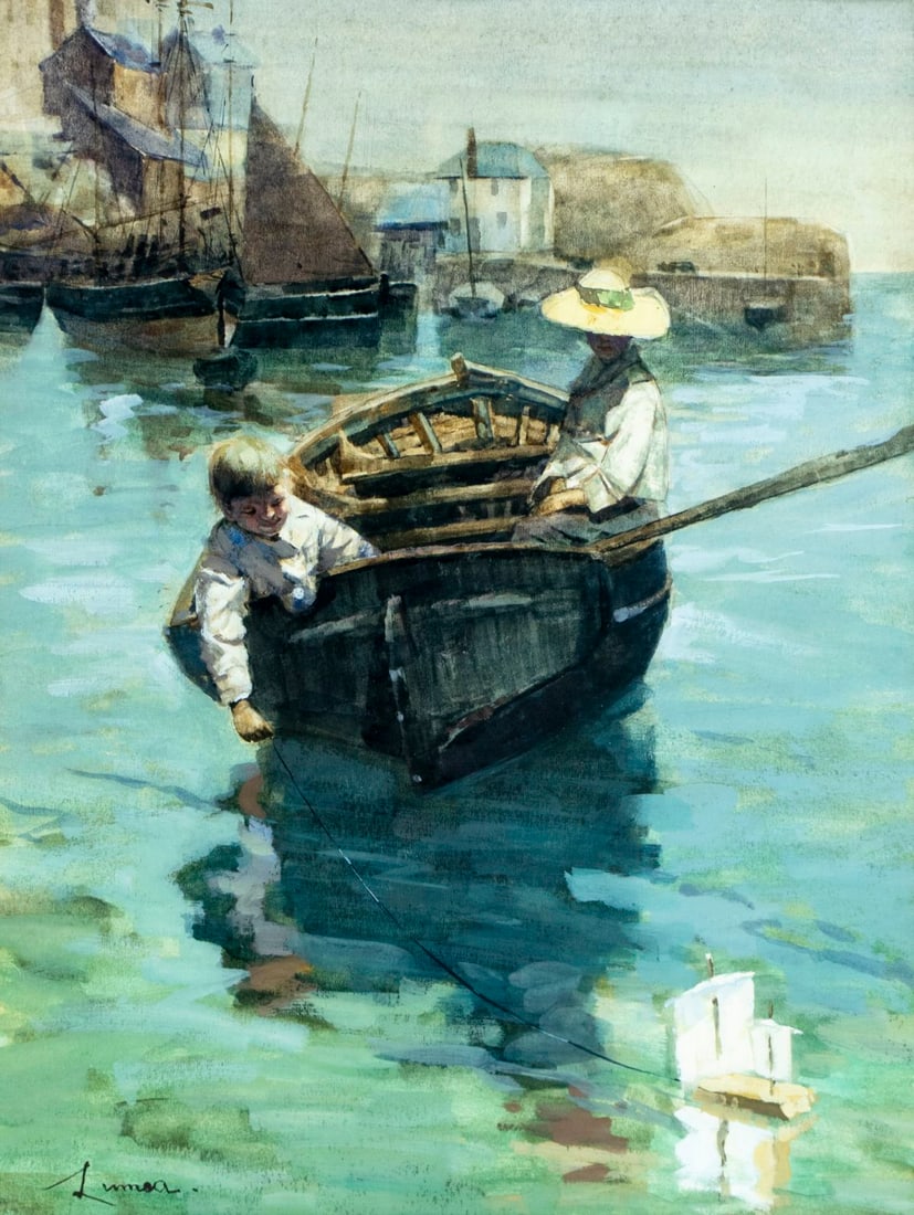 Lumea (Europe,early 20C) watercolor painting antique: ARTIST: Lumea (Europen, early 20 century) TITLE: Coastal Landscape with Boat MEDIUM: watercolor on paper CONDITION: Minor age toning. Framed under glass. The glass has a cra