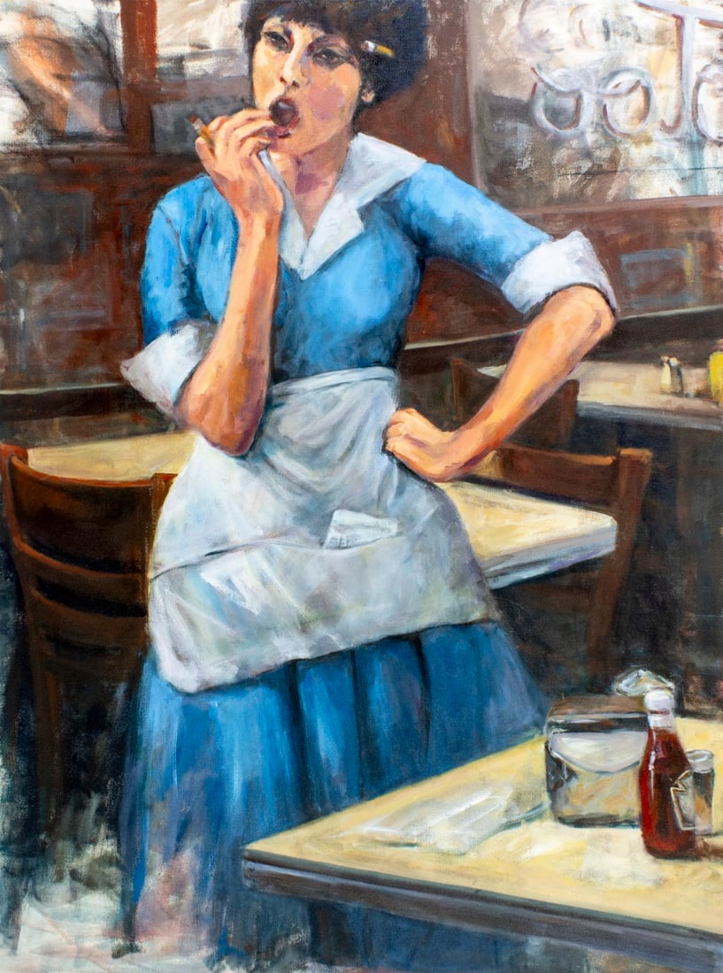 Vintage 20C American oil painting: ARTIST: - (American, 20 century) TITLE: Portrait of Diner Waitress MEDIUM: oil on canvas CONDITION: Very good. No visible inpaint under UV light. ART SIZE: