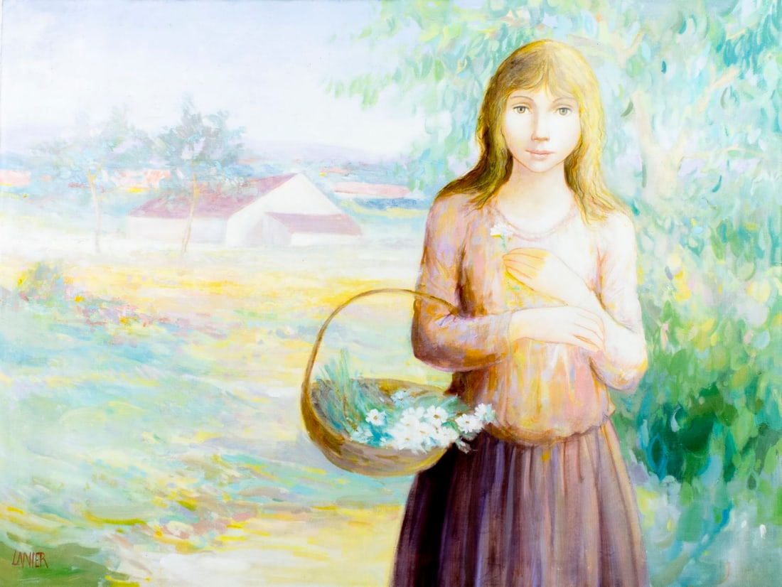 Charles Lanier (US,1938-?) oil painting: ARTIST: Charles Lanier (American, 1938 - ???) TITLE: Woman with Flower Basket MEDIUM: oil on canvas CONDITION: Unstretched (In-House stretching available) (In-House stretc