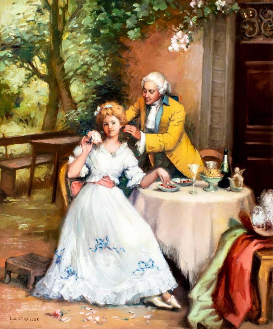 L V Strauss (German,20C) oil painting: ARTIST: L V Strauss (Germany, 20 century) TITLE: Courting Couple MEDIUM: oil on canvas CONDITION: Unstretched (In-House stretching available) (In-House stretching available)