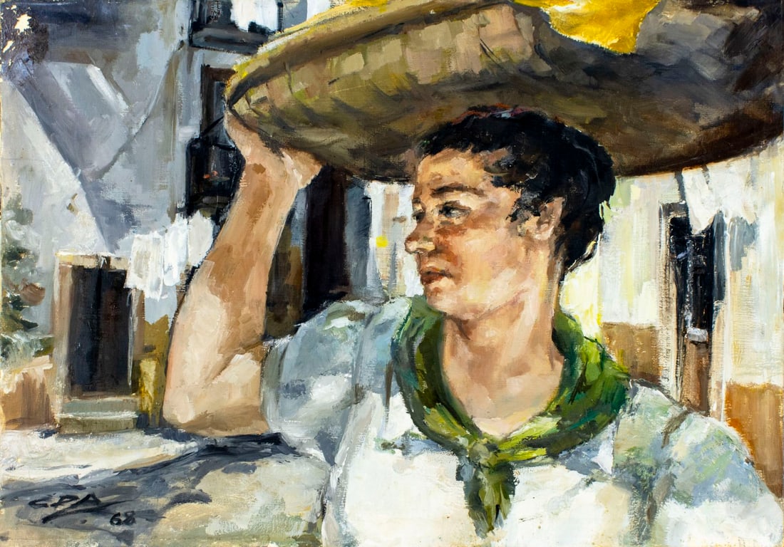 Vintage mid 20C French oil painting signed: ARTIST: - (France, mid 20 century) TITLE: Woman with Basket YEAR: 1968 MEDIUM: oil on canvas CONDITION: Some paint losses mostly by the left edge. Some