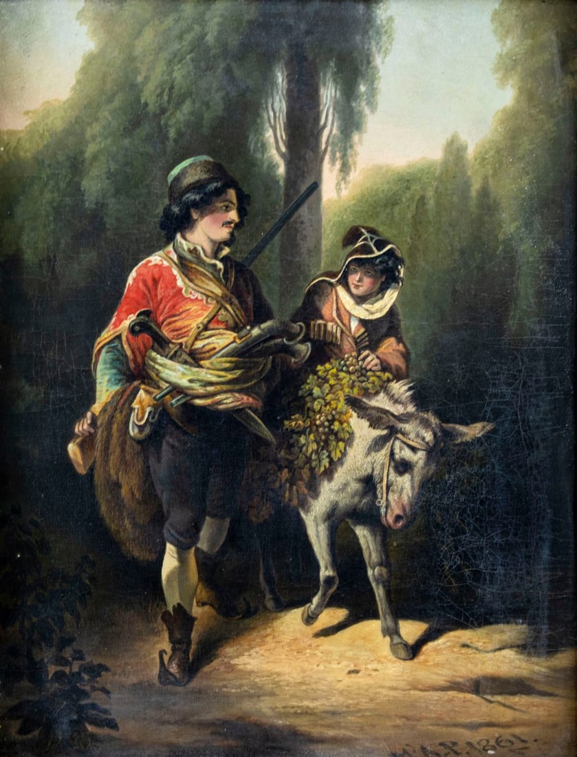 Antique 19C European oil painting signed: ARTIST: - (Europe, 19 century) TITLE: Traveling Couple YEAR: 1861 MEDIUM: oil on canvas CONDITION: Small paint losses along edges. Minor craquelure. No