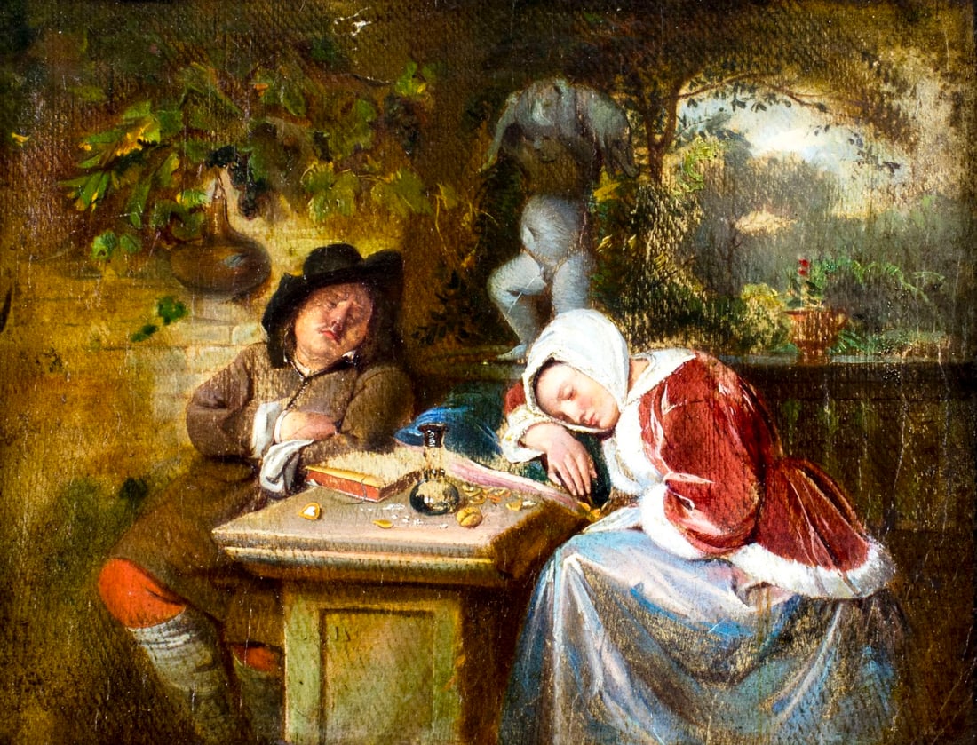 Antique 19C European oil painting: ARTIST: - (Europe, 19 century) TITLE: Tavern Scene MEDIUM: oil on canvas CONDITION: Relined. Few minor scratches/paint losses. Minor craquelure. Few small inpaintings alon