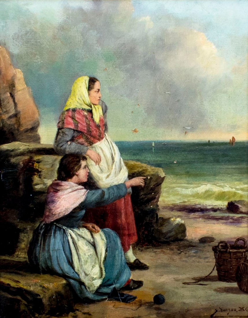 Septimus Dawson (UK,1851-?) oil painting antique: ARTIST: Septimus Dawson (British, 1851 - ???) NAME: Coastal Scene with Two Women YEAR: 1886 MEDIUM: oil on canvas CONDITION: Missing a few flakes of paint. Minor craquelu