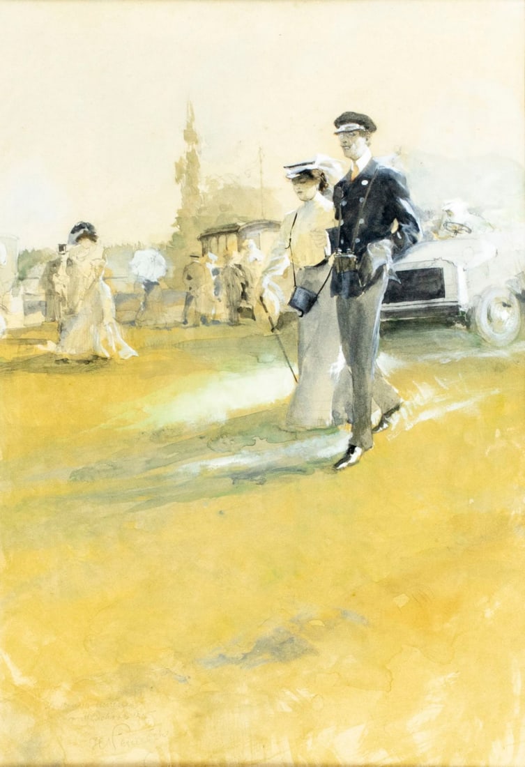 Vaclav Nemecek (Czech,1877-1959) watercolor painting antique: ARTIST: Vaclav Herman Nemecek (Czech Republic, 1877 - 1959) TITLE: Walking Couple MEDIUM: watercolor on paper CONDITION: Few minor scratches/paint losses. Some age toning.