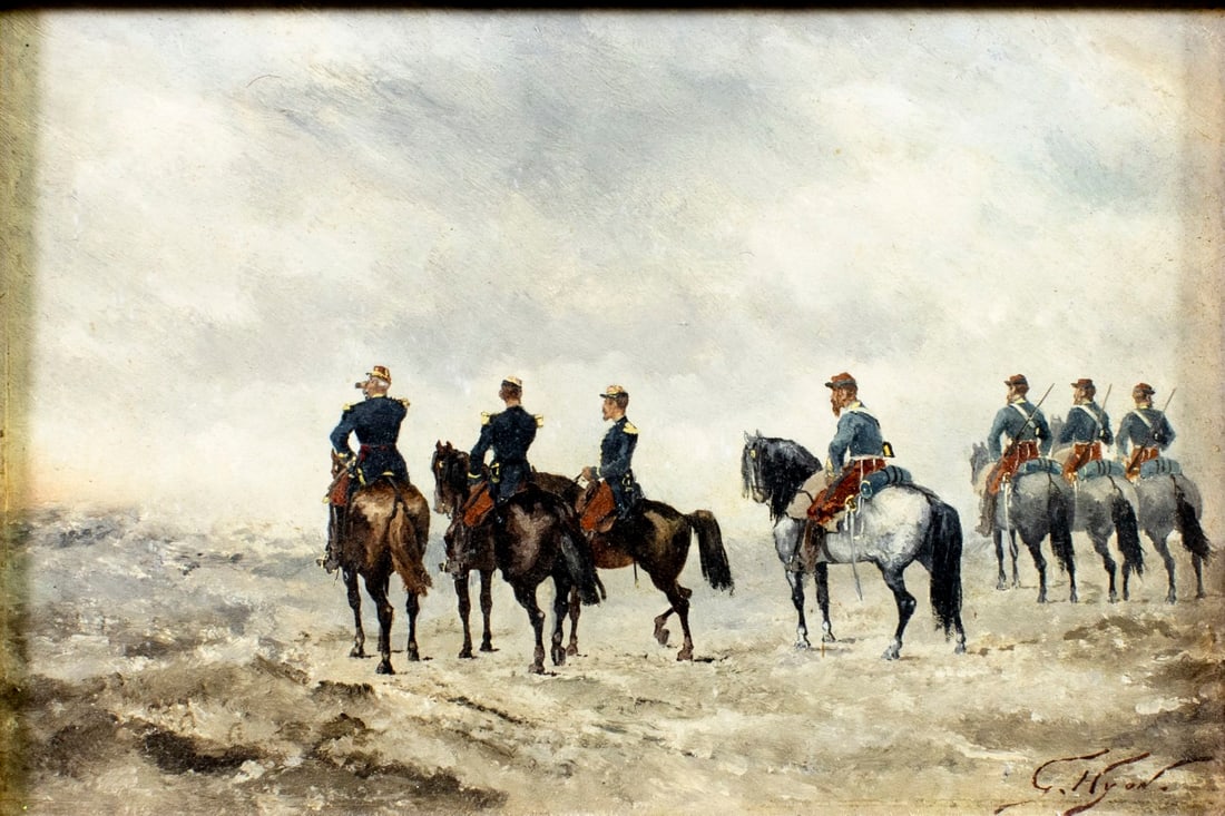 Georges Louis Hyon (France,1855-1913) oil painting antique: ARTIST: Georges Louis Hyon (French, 1855 - 1913) TITLE: French Soldiers on Horseback MEDIUM: oil on board CONDITION: Few minor paint losses. No visible inpaint under UV ligh