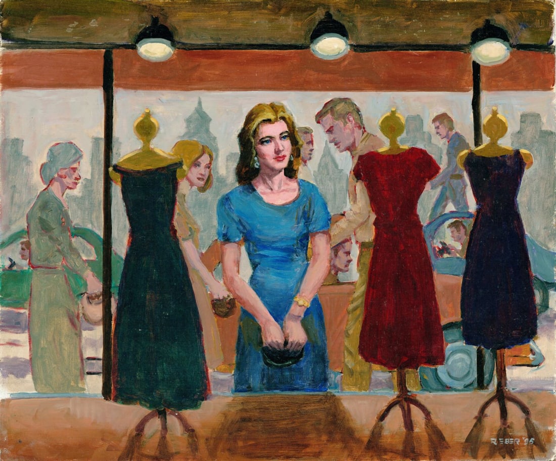 Anne Lindsey Reber (US,20C) oil painting: ARTIST: Anne Lindsey Reber (American, 20 century) TITLE: Shop Scene YEAR: 1995 MEDIUM: oil on board CONDITION: Minor damages to corners. Few minor scratc