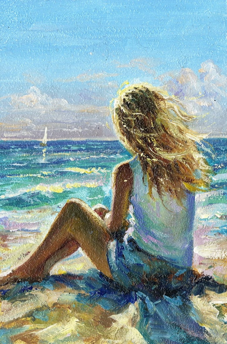 Sergey Kozachkin (Ukraine,b 1965) oil painting: ARTIST: Sergey Vasilievich Kozachkin (Ukraine, born 1965) TITLE: Seated Woman on Beach MEDIUM: oil on board CONDITION: Very good. No visible inpaint under UV light.