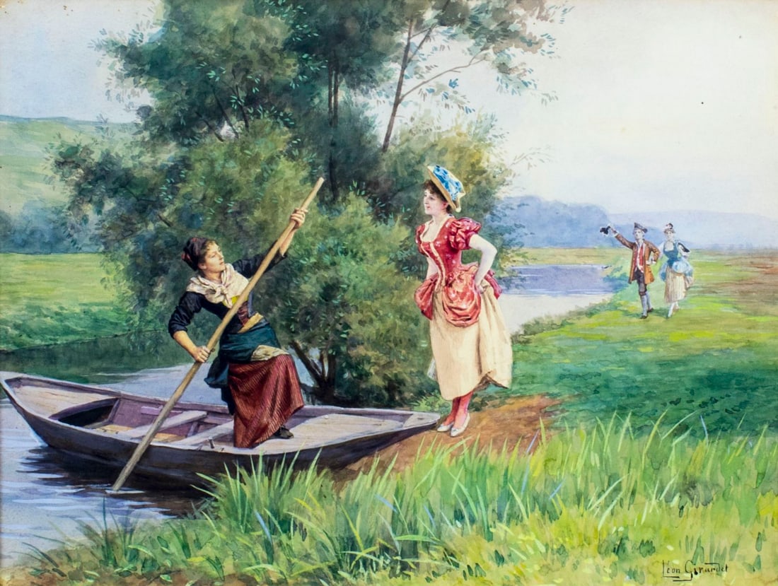 Leon Girardet (French,Swiss,1857-1895) watercolor painting antique: ARTIST: Leon Girardet (France, Switzerland, 1857 - 1895) NAME: The Ferry MEDIUM: watercolor on paper CONDITION: Minor age toning. Framed under glass. Some damages to frame. SIGHT SIZE: 13
