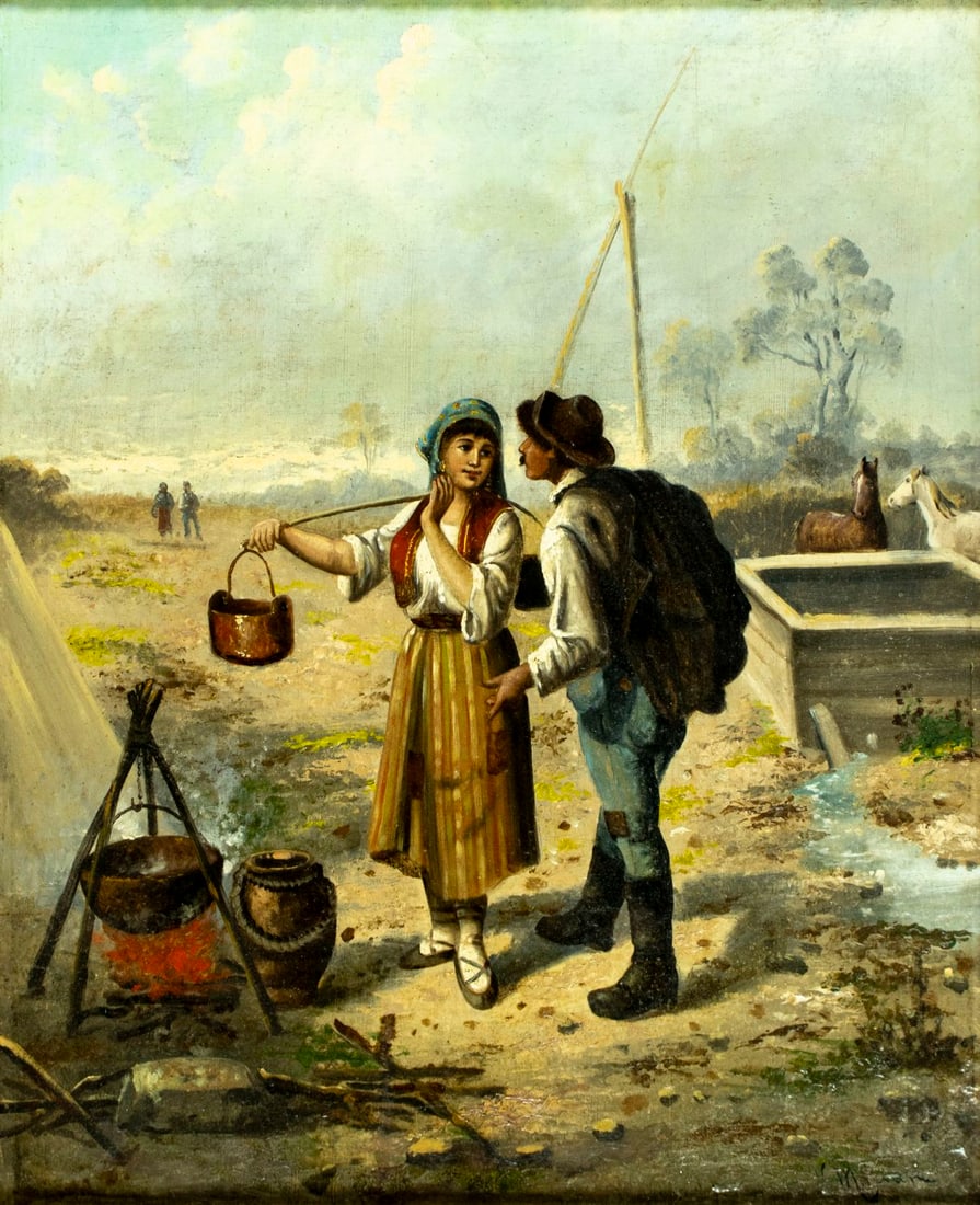 V Marian (Italy,19C) oil painting antique: ARTIST: V Marian (Italian, 19 century) TITLE: Peasant Couple at Well MEDIUM: oil on canvas CONDITION: Relined. Some scratches/paint losses mostly by the lower right corner.