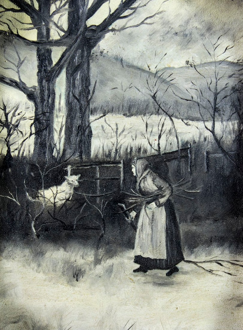 Antique 19C American oil painting: ARTIST: - (American, 19/20 centuries) TITLE: Old Woman and Wolf YEAR: circa 1900 MEDIUM: oil on board CONDITION: Very good. No visible inpaint under UV