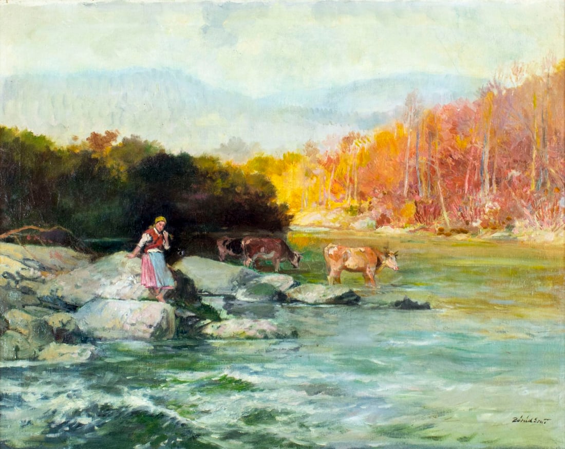 Erno Zorad (Hungary,1911-2004) oil painting: ARTIST: Erno Zorad (Hungarian, 1911 - 2004) NAME: Pastoral Scene MEDIUM: oil on canvas CONDITION: One puncture. Minor craquelure. No visible inpaint under UV light. Wear to frame. SIGHT S