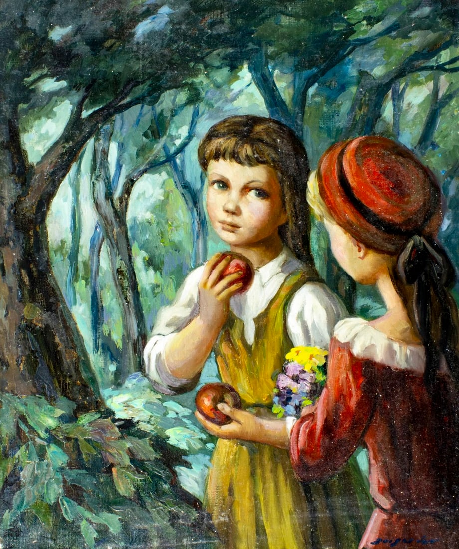 Jose Buigas (Spain,1927-?) oil painting: ARTIST: Jose Buigas (Spanish, 1927 - ???) TITLE: Two Girls with Apples and Flowers MEDIUM: oil on canvas CONDITION: Unstretched (In-House stretching available) (In-House s
