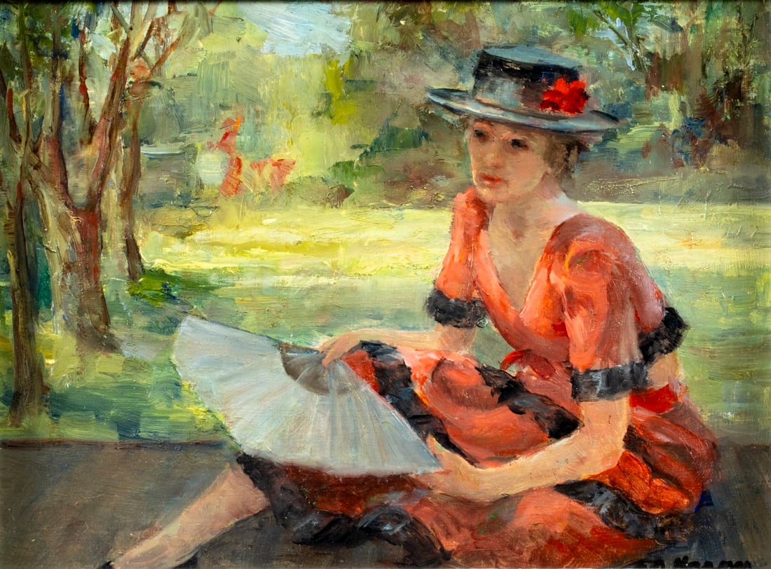 Eleanor Harper (MA,1920-2006) oil painting: ARTIST: Eleanor ONeil Harper (Massachusetts, 1920 - 2006) TITLE: Woman with Fan MEDIUM: oil on board CONDITION: Very good. No visible inpaint under UV light. Wear to frame.<