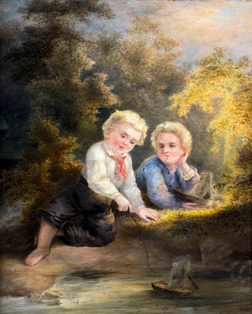 Antique 19C American oil painting: ARTIST: - (American, 19 century) NAME: Two Boys with Sailboats MEDIUM: oil on tin CONDITION: Normal wear along edges. No visible inpaint under UV light. Minor damages to frame. SIGHT SIZE