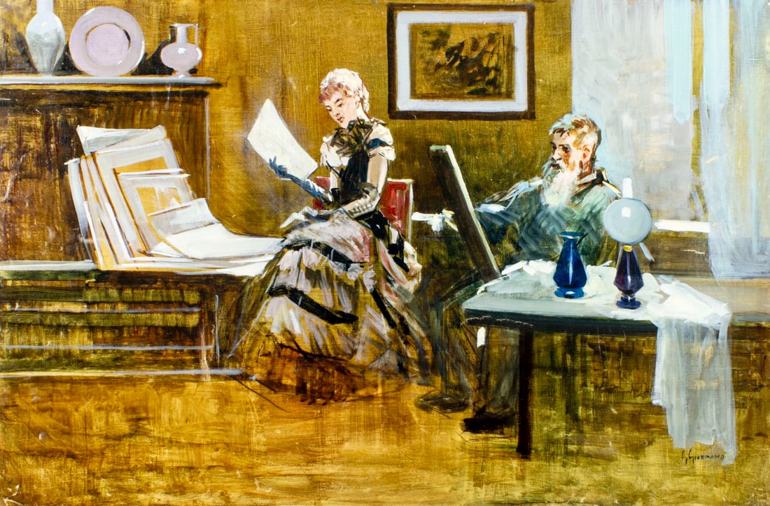 Gino Giordano (Italy,1924-?) oil painting: ARTIST: Gino Giordano (Italian, 1924 - ???) TITLE: Interior Scene MEDIUM: oil on canvas CONDITION: Unstretched (In-House stretching available) (In-House stretching availab