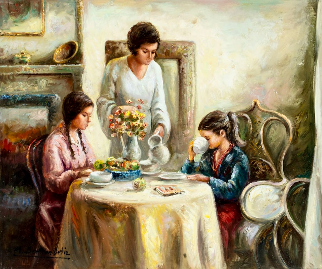 M Bertran Ortiz (Spain,20C) oil painting: ARTIST: M Bertran Ortiz (Spanish, 20 century) TITLE: Tea Time MEDIUM: oil on canvas CONDITION: Overall good. No visible inpaint under UV light. Normal wear along edges. <