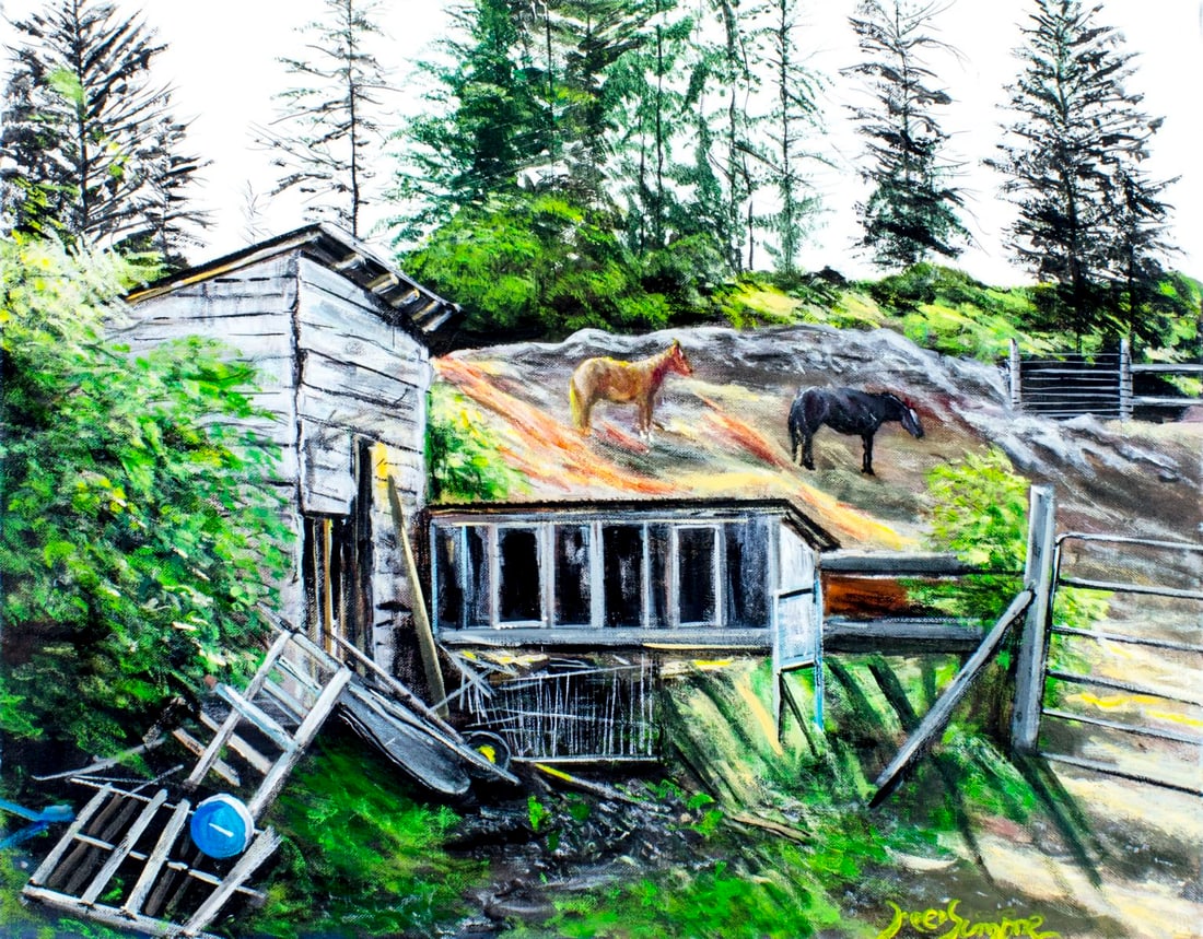 Fred Simons (AK,20C) oil painting: ARTIST: Fred Simons (Alaska, 20 century) TITLE: Horses of Halibut Cove, Alaska (titled on stretcher) MEDIUM: oil on canvas CONDITION: Missing one flake of paint. No visible
