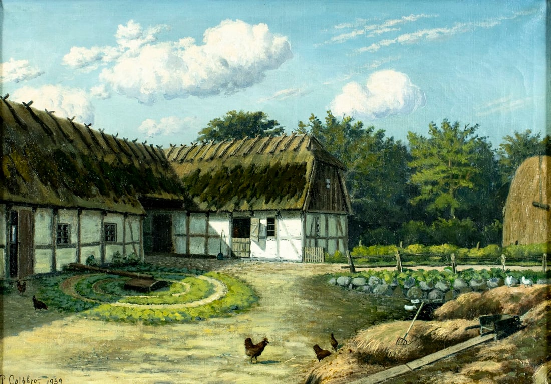 Poul Goldbro (Denmark,mid 20C) oil painting antique: ARTIST: Poul Goldbro (Danish, mid 20 century) TITLE: Farm Landscape YEAR: 1939 MEDIUM: oil on canvas CONDITION: Few minor paint losses. Minor craquelure.