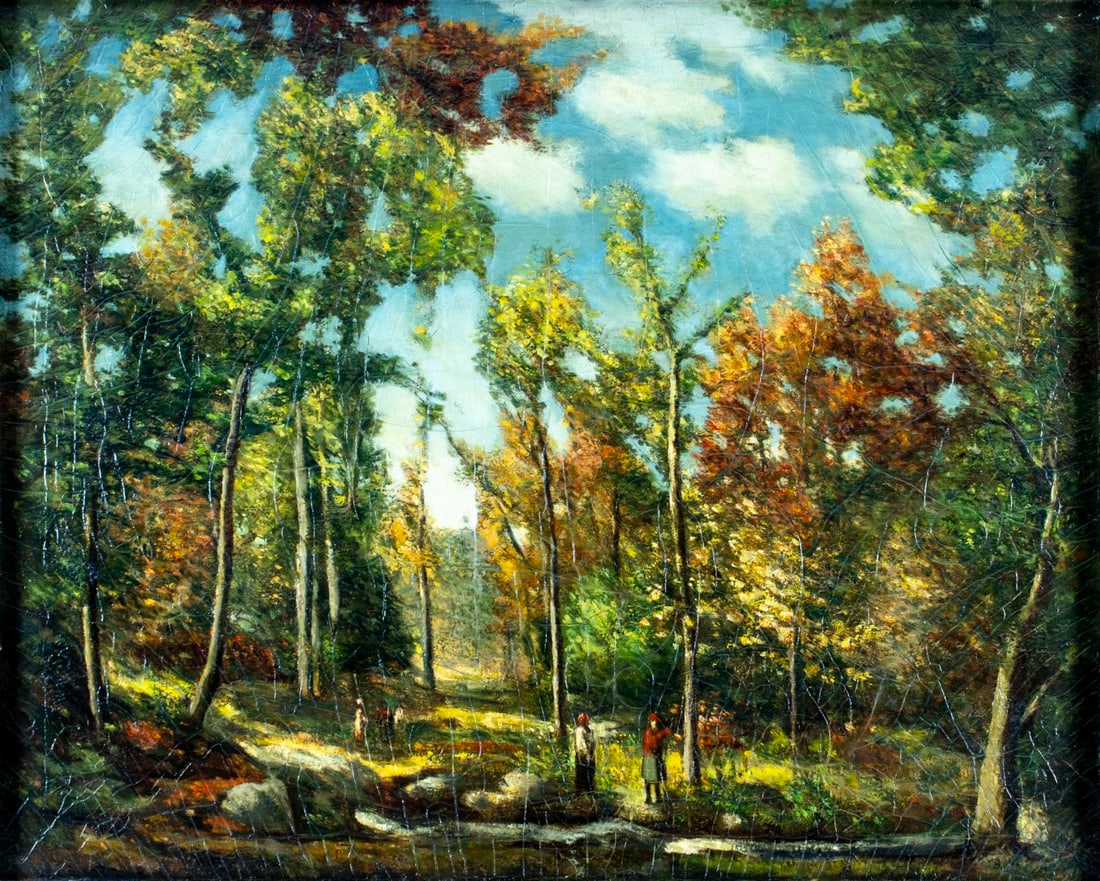 Bertus Pietersz (NH,Dutch,1869-1938) oil painting antique: ARTIST: Bertus L Pietersz (New Hampshire, Netherland, 1869 - 1938) TITLE: Autumn Splendour (titled on verso) MEDIUM: oil on canvas CONDITION: Few repaired tears. Some smal