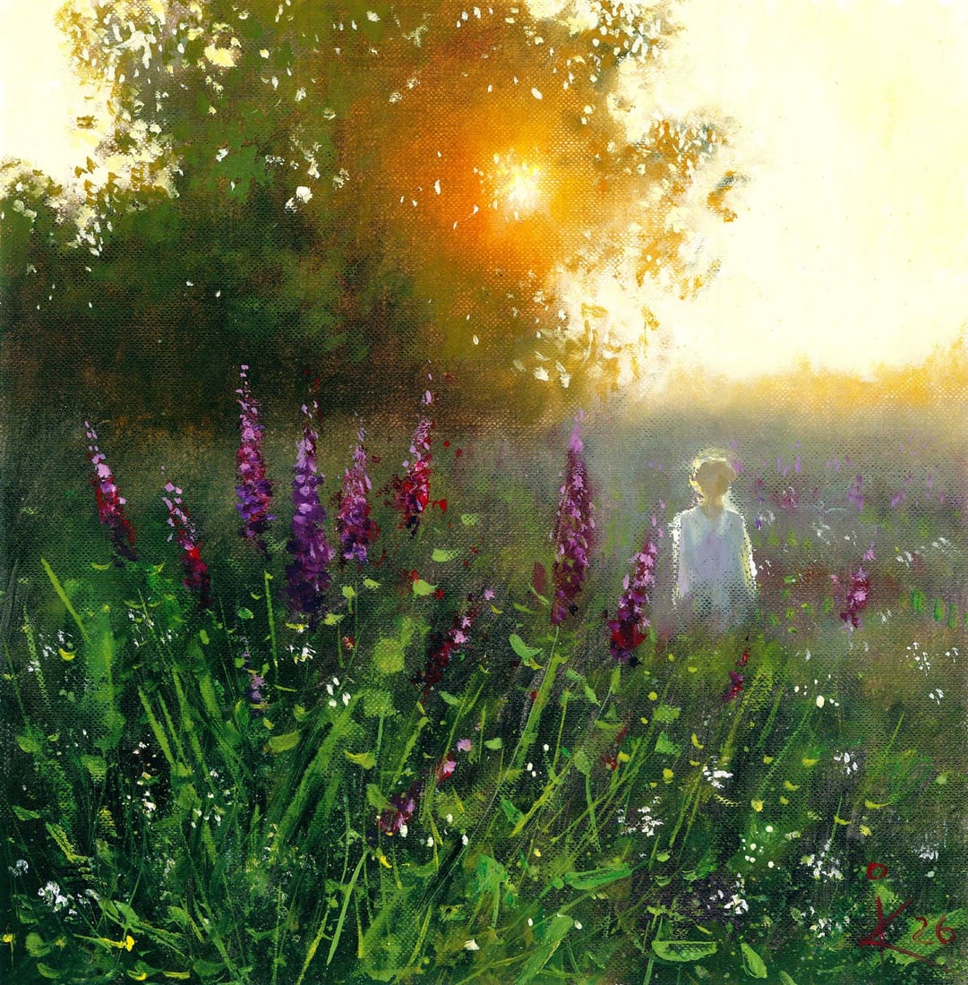 Inna Kravtsova (Ukraine,20/21C) oil painting: ARTIST: Inna Kravtsova (Ukraine, 20/21 centuries) TITLE: Sunset Landscape with Figure MEDIUM: oil on heavy paper CONDITION: Very good. No visible inpaint under UV light.