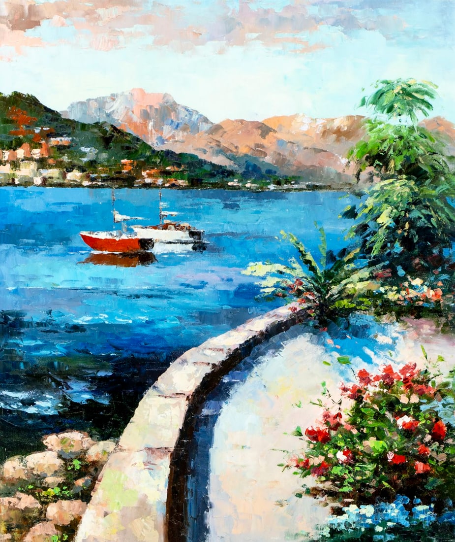 Vintage 20C European oil painting: ARTIST: - (European, 20 century) TITLE: Coastal Landscape with Boats MEDIUM: oil on canvas CONDITION: Overall good. No visible inpaint under UV light. Normal wear along ed