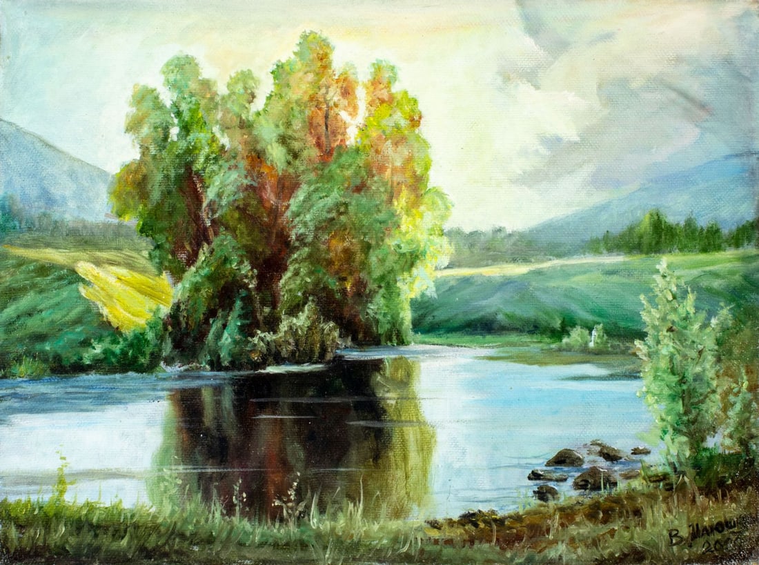Viktor Ilyushkin (Russia,b 1946) oil painting: ARTIST: Viktor Nikolayevich Ilyushkin (Russian, born 1946) TITLE: Landscape - Mikhailovsky Stream, Russia (titled on verso) YEAR: 2020 MEDIUM: oil on canvas CONDI