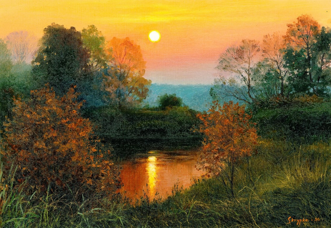 Serhiy Skrypka (Ukraine,20/21C) oil painting: ARTIST: Serhiy Skrypka (Ukraine, 20/21 centuries) TITLE: Sunset Autumn River Landscape MEDIUM: oil on heavy paper CONDITION: Very good. No visible inpaint under UV light.