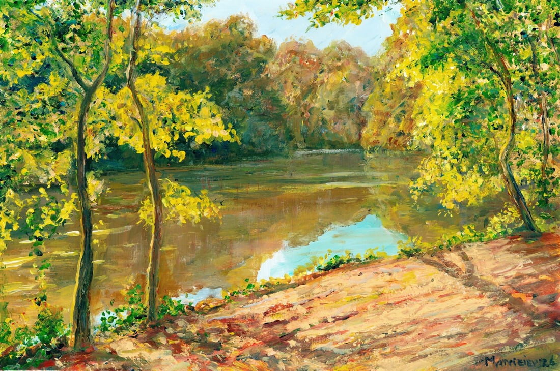 Andriy Matveiev (Ukraine,b 1988) oil painting: ARTIST: Andriy Matveiev (Ukraine, born 1988) TITLE: Autumn River Landscape MEDIUM: oil on heavy paper CONDITION: Very good. No visible inpaint under UV light. ART