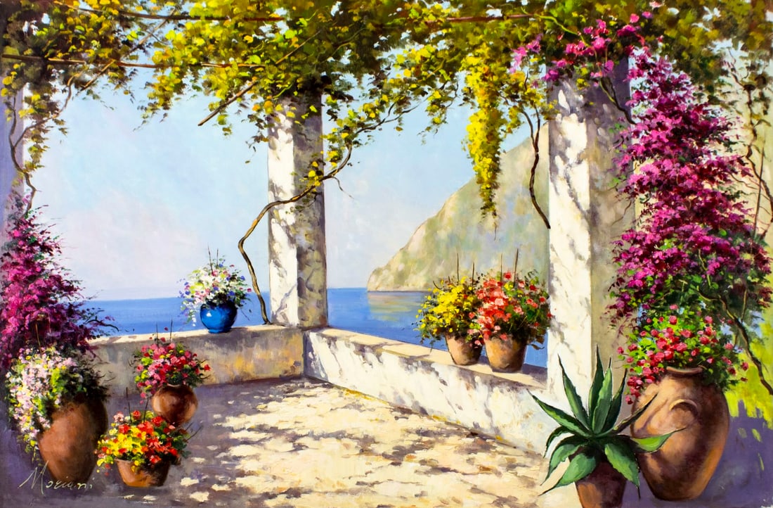 Moriani (Italy,20C) oil painting: ARTIST: Moriani (Italian, 20 century) TITLE: Patio Scene MEDIUM: oil on canvas CONDITION: Unstretched (In-House stretching available) (In-House stretching available). Very g