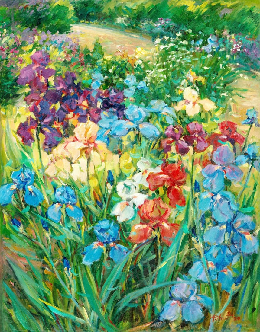 Zoriana Petriv (Ukraine,b 1994) oil painting: ARTIST: Zoriana Petriv (Ukraine, born 1994) TITLE: Garden Landscape with Irises (titled on verso) YEAR: 2020 MEDIUM: oil on canvas CONDITION: Unstretched