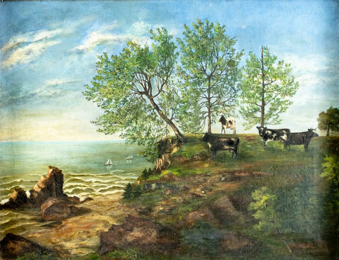 Emily A Orcutt (MI,19C) oil painting antique: ARTIST: Emily A Orcutt (Michigan, 19 century) TITLE: Coastal Landscape with Cows YEAR: 1883 MEDIUM: oil on canvas CONDITION: One small patch. Few small p