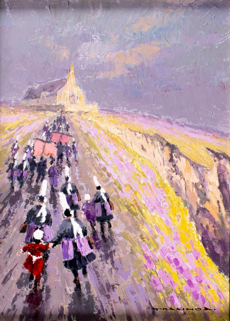 Michel Trannod (France,1931-?) oil painting: ARTIST: Michel Trannod (French, 1931 - ???) TITLE: Breton Village Procession, France MEDIUM: oil on canvas CONDITION: Very good. No visible inpaint under UV light.