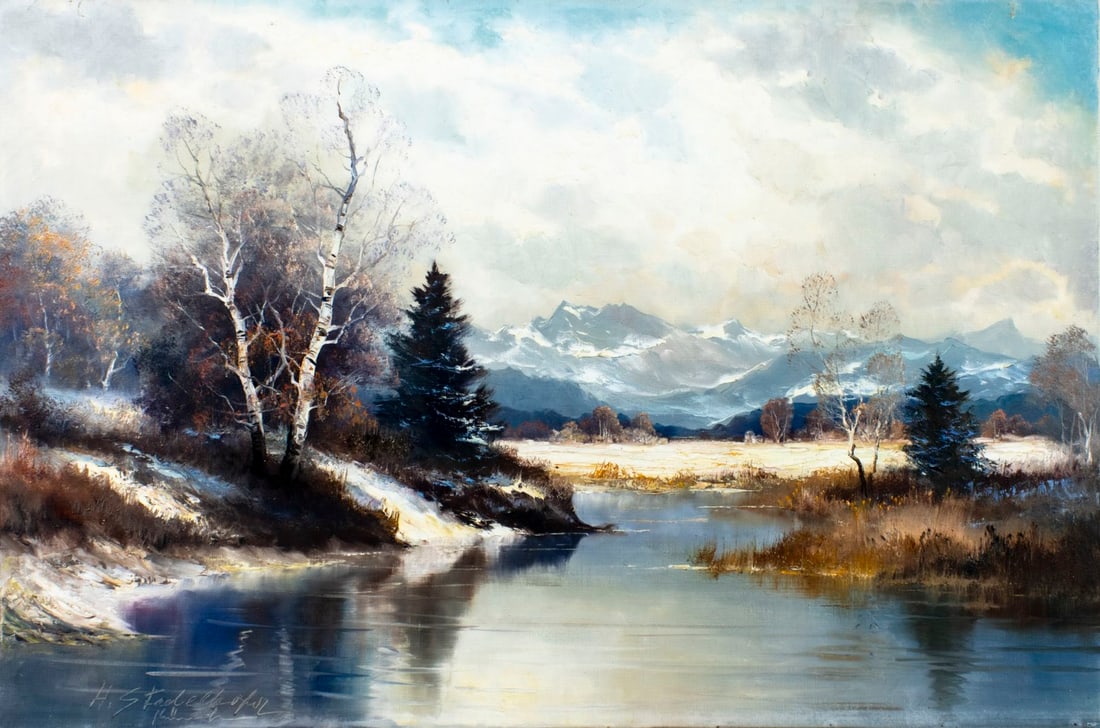 Helmut Stadelhofer (German,1914-1979) oil painting: ARTIST: Helmut Stadelhofer (Germany, 1914 - 1979) TITLE: Mountain Lake Landscape MEDIUM: oil on canvas CONDITION: Unstretched (In-House stretching available) (In-House str
