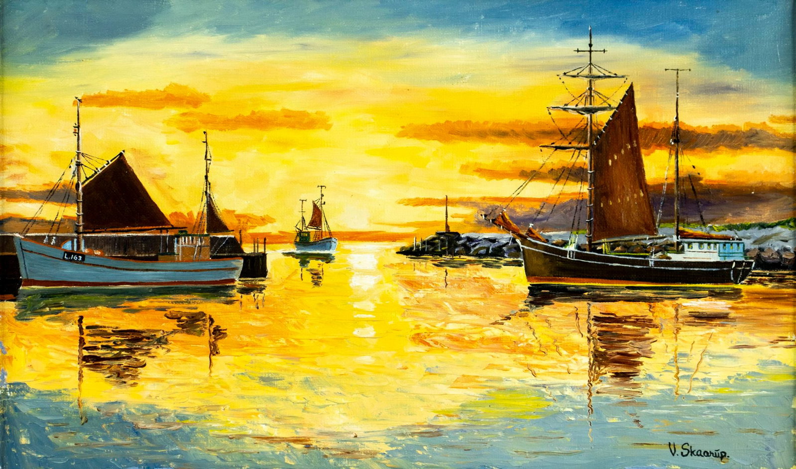 V Skaarup (Denmark,20 century) oil painting: ARTIST: V Skaarup (Danish,20C) TITLE: Sunset Harbor Scene MEDIUM: oil on canvas CONDITION: Few minor paint losses in the upper right quadrant. No visible inpaint under UV li