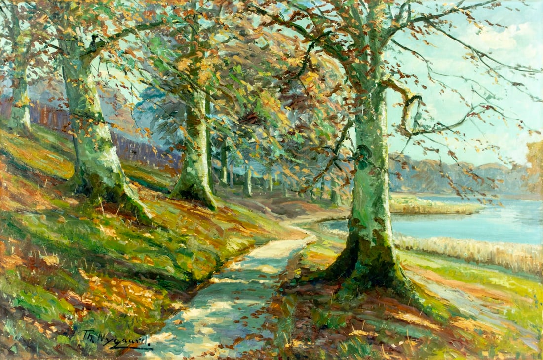 Theodor Nygaard (Denmark,1892-1973) oil painting: ARTIST: Theodor Nygaard (Danish, 1892 - 1973) TITLE: Autumn Lake Landscape MEDIUM: oil on canvas CONDITION: Few minor paint losses. Minor craquelure. No visible inpaint unde