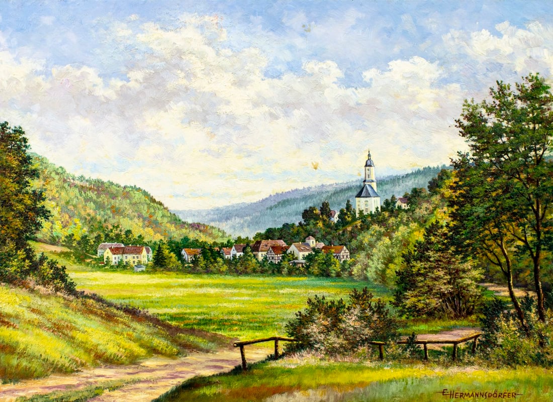E Hermannsdorfer (German,20C) oil painting: ARTIST: E Hermannsdorfer (Germany, 20 century) TITLE: Landscape - Village of Dohlen, Germany (titled on verso) YEAR: 1982 MEDIUM: oil on board CONDITION: