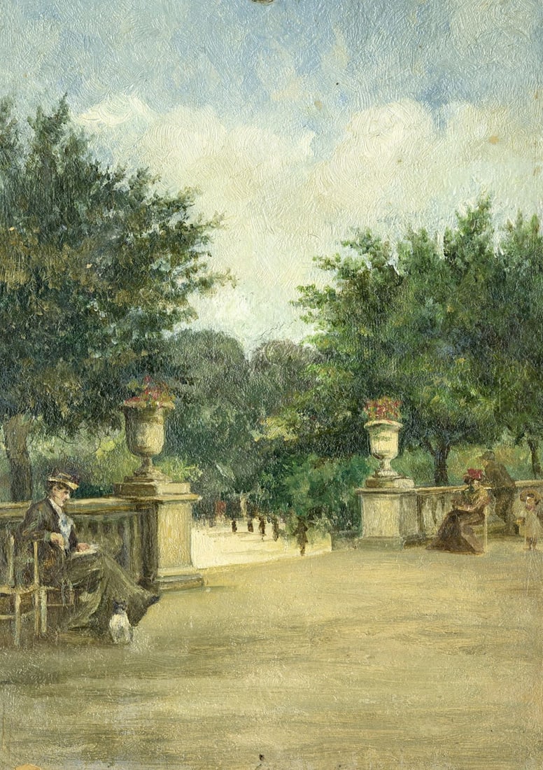 Antique early 20C European oil painting antique: ARTIST: - (Europe, early 20 century) TITLE: Park Landscape with Figures YEAR: 1907 MEDIUM: oil on board CONDITION: Minor damages to corners and lower edg