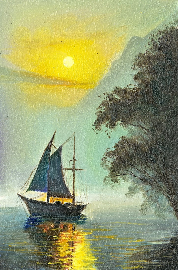 Sergey Kozachkin (Ukraine,b 1965) oil painting: ARTIST: Sergey Vasilievich Kozachkin (Ukraine, born 1965) TITLE: Sunset Seascape with Sail Boat MEDIUM: oil on board CONDITION: Very good. No visible inpaint under UV light.