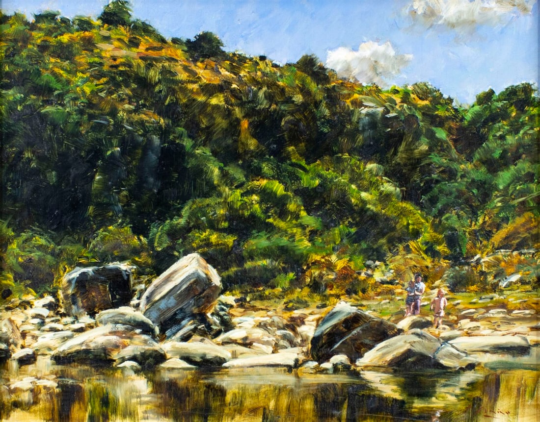 Patricio Flano (Italy,20C) oil painting: ARTIST: Patricio Flano (Italian, 20 century) TITLE: Mountain Lake Landscape YEAR: 1987 MEDIUM: oil on board CONDITION: Few scratches by the lower edge. V